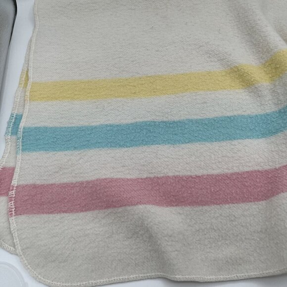 Vintage Esmond Baby Blanket 100% Acrylic Pink Blue Yellow Stripes 28” X 37” READ - Picture 3 of 6